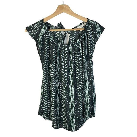 LC Lauren Conrad Gray & Aqua Blue Geometric Printed Short Sleeve Blouse XS - Picture 1 of 4